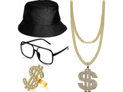 2026-kit De Ropa Hip Hop Con Gorra Bucket, Gafas, Cadena Dorada Y Anillo, Accesorios De Rapero 80s/90s (set De 4) Mvu