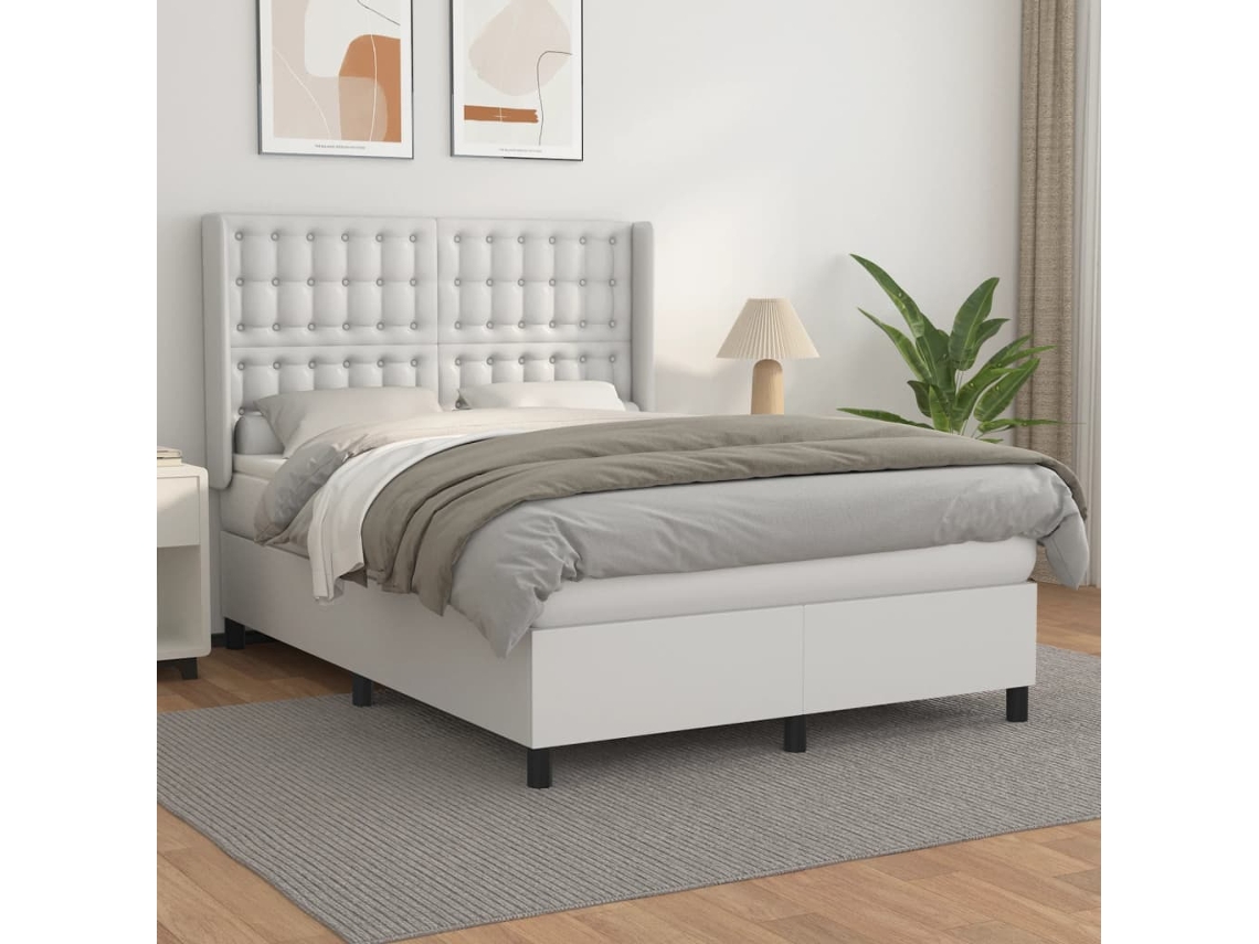 Cama Box Spring Con Colchón Cuero Sintético Blanco 140x190 Cm