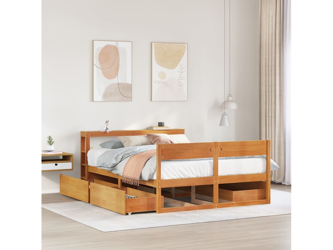 Cama Sin Colchón Madera Maciza De Pino Marrón Cera 120x200 Cm
