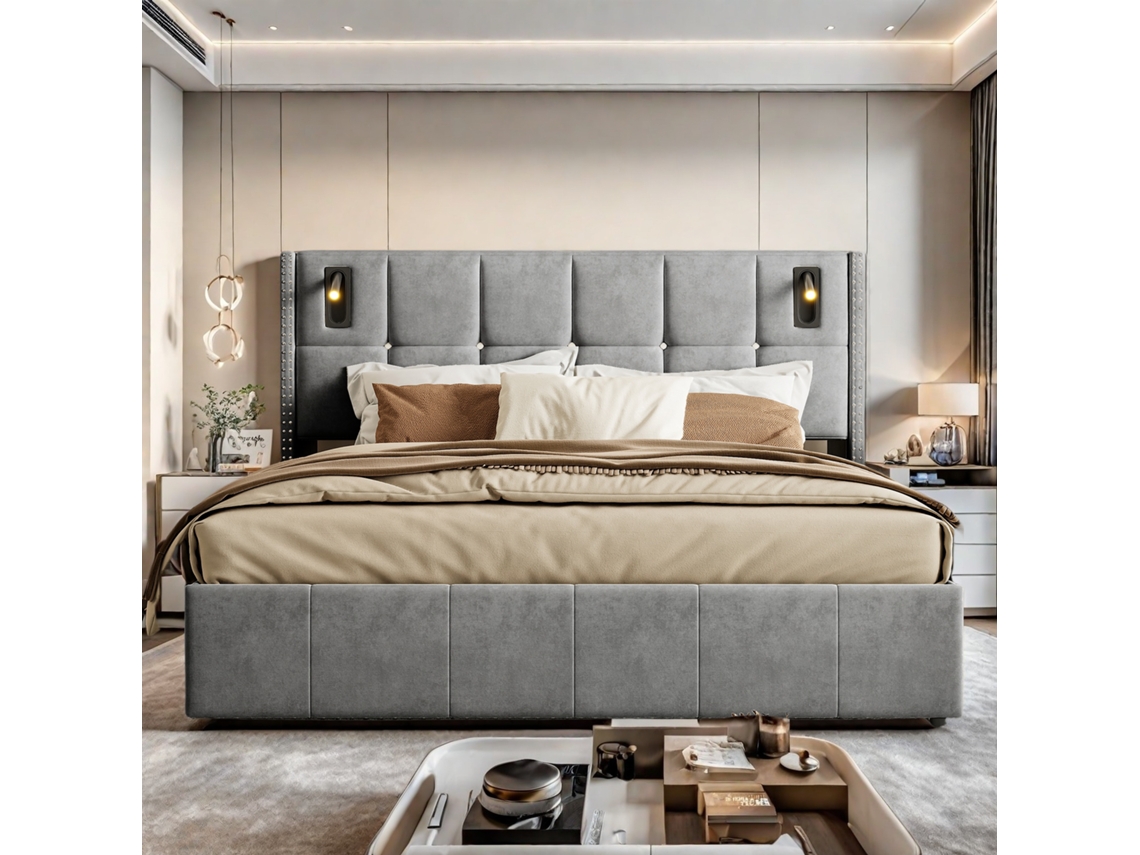 Cama De Matrimonio Con Almacenamiento, Somier De Láminas, 160 X 200 Cm, Tapizada En Terciopelo, Con Luz De Lectura Y Color Gris.