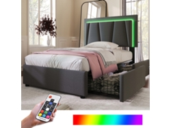 Cama Individual 90x200 Cm, Almacenamiento, Cabecero Regulable Led, 2 Cajones, Madera Gris, Colchón No Incluido.