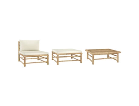 Set de muebles de jardín 3 piezas bambú y cojines blanco crema 65 x 65 x 30 cm MAISON EXCLUSIVE