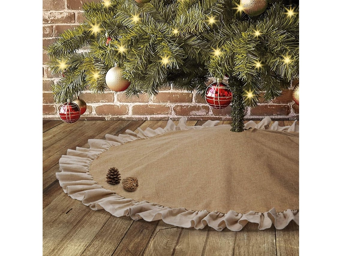 Falda de árbol de Navidad de yute de 122 cm – Decoración rústica para el árbol con borde de lino con volantes y lazo para otoño y Año Nuevo.