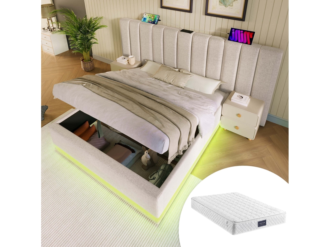 Cama Doble 160x200cm Lino, Led App, Usb-c, Almacenamiento Hidráulico, Base De Listones Incluida, Robusta 200kg, Beige