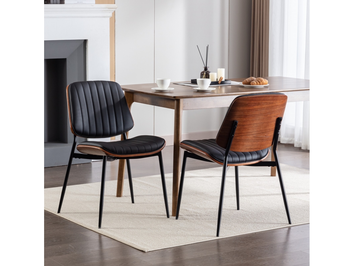 Sillas de Comedor, 2 Unidades, Estilo Retro Moderno, Respaldo Curvo de Madera, Asiento Tapizado, Patas de Metal Negro, Mobrio