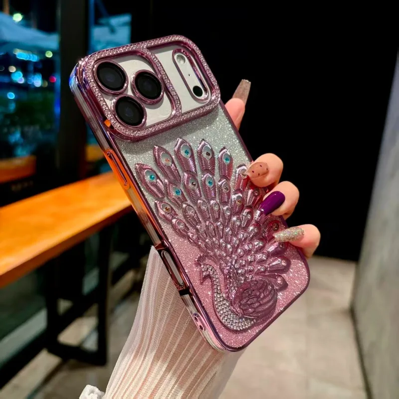 (iphone 13 Pro Max Rosa) Marco Chapado En Oro Con Pegatinas De Lentejuelas Y Anillo De Lente De Diamantes De Imitación.