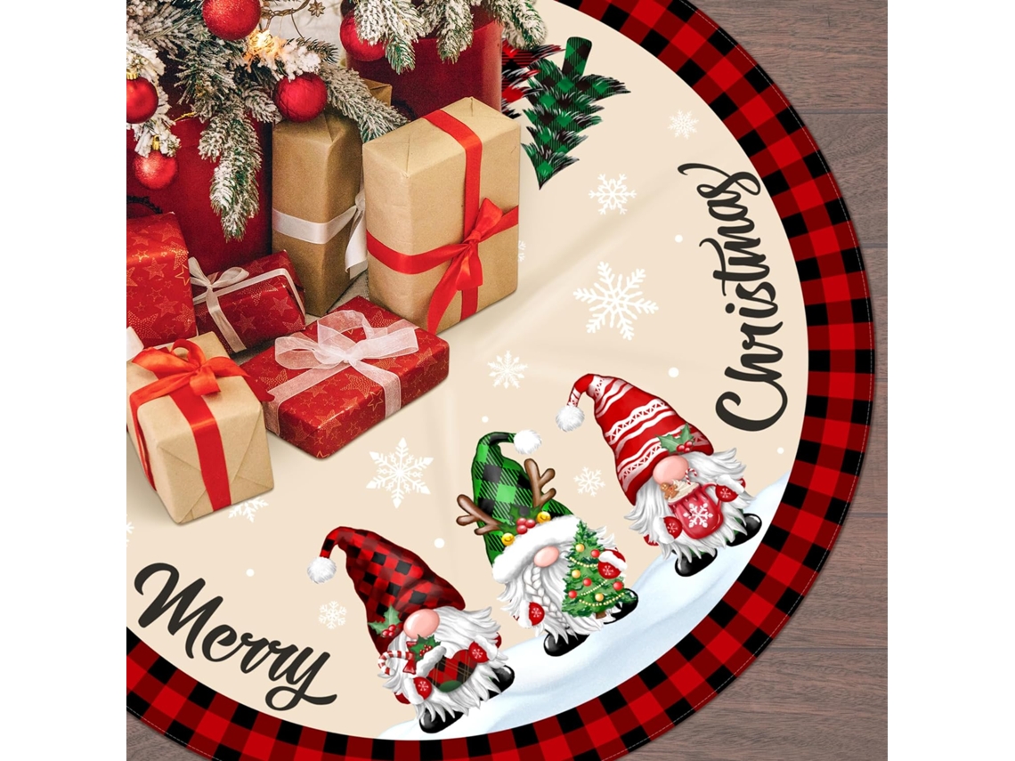 Falda de árbol de Navidad a cuadros de búfalo de 48 pulgadas con gnomos rojos y negros, decoración rústica de granja para las fiestas.