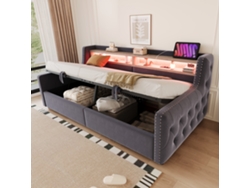 Cama Tapizada De 90x200 Con Compartimento De Almacenamiento Hidráulico, Iluminación Led, Puerto Usb Y Cabecero Reforzado, Color Gris.
