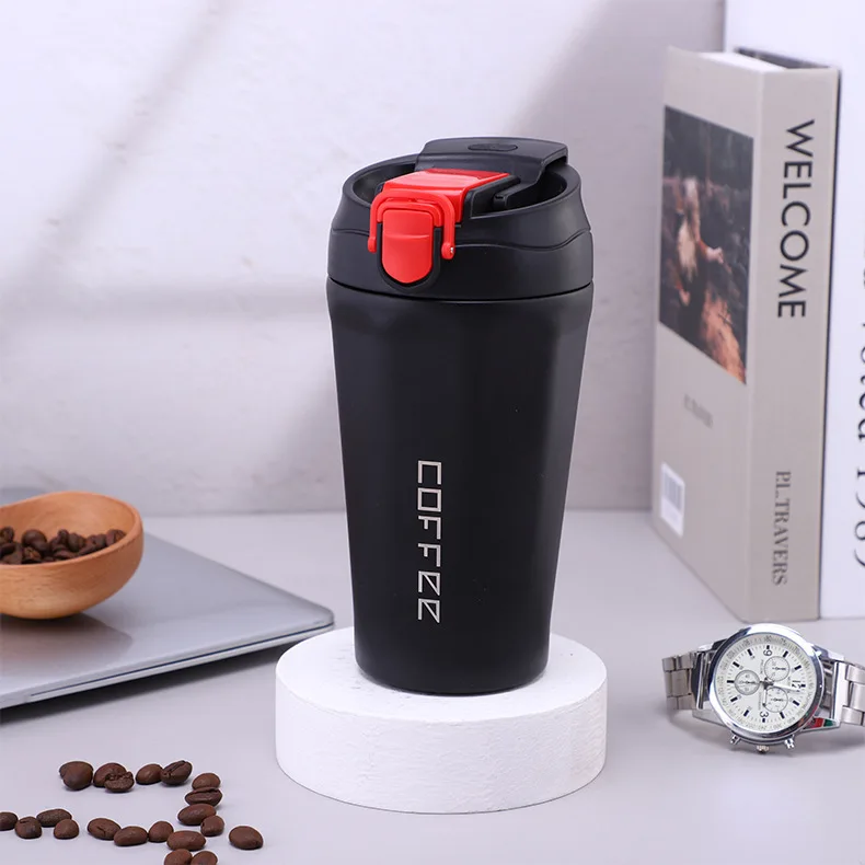 Taza de café con aislamiento al vacío (negra, 410 ml), acero inoxidable, tapa tipo concha con una llave, con pajita, para bebidas frías y calientes, a prueba de fugas.