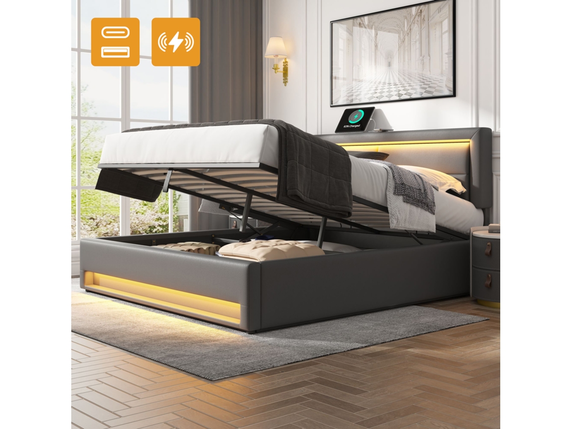 Cama De 140x190 Con Usb, Conexión Inalámbrica, Led Y Acabado En Poliuretano Gris.