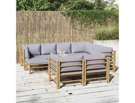 Conjunto 10 de muebles de jardín VIDAXL bambú y cojines gris claro
