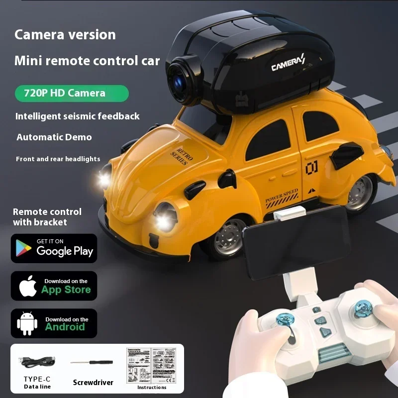 (amarillo) Mini Drift Car con control remoto y transmisión de cámara en tiempo real 2.4g FPV inalámbrico