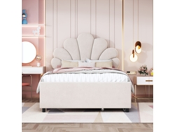 Cama Simple Tapizada en Terciopelo con 2 Cajones 90x200 cm Cabecero en Forma de Flor con Somier de Láminas Beige