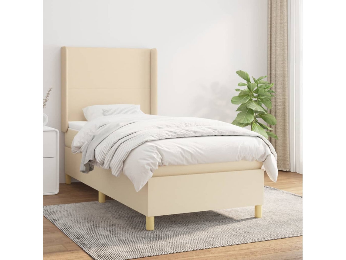 Cama Box Spring Con Colchón Tela Color Crema 90x190 Cm