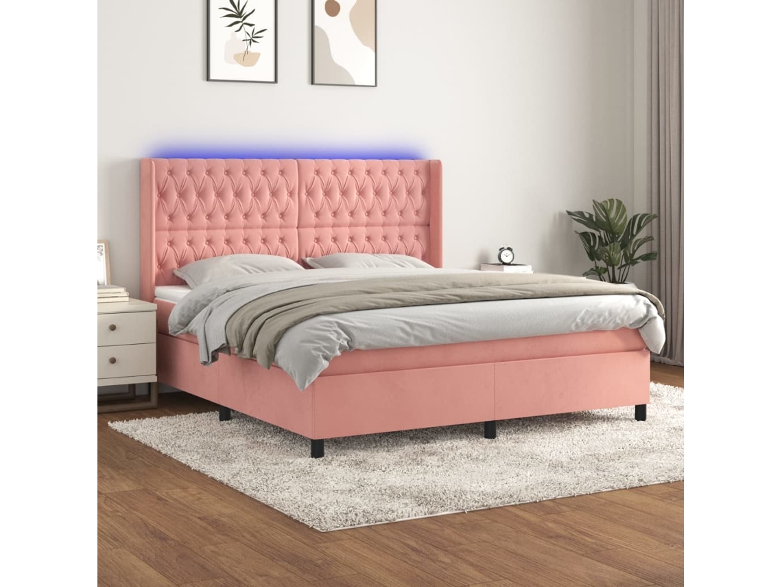 Cama Box Spring Colchón Y Led Terciopelo Rosa 180x200 Cm