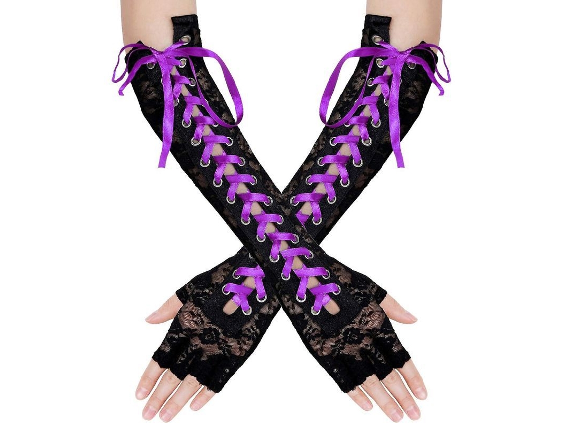 Guantes Sin Dedos Con Correas Y Cordón Para Fiestas De Disfraces, Guantes Largos Hasta El Codo, Negros Con Cinta Morada.