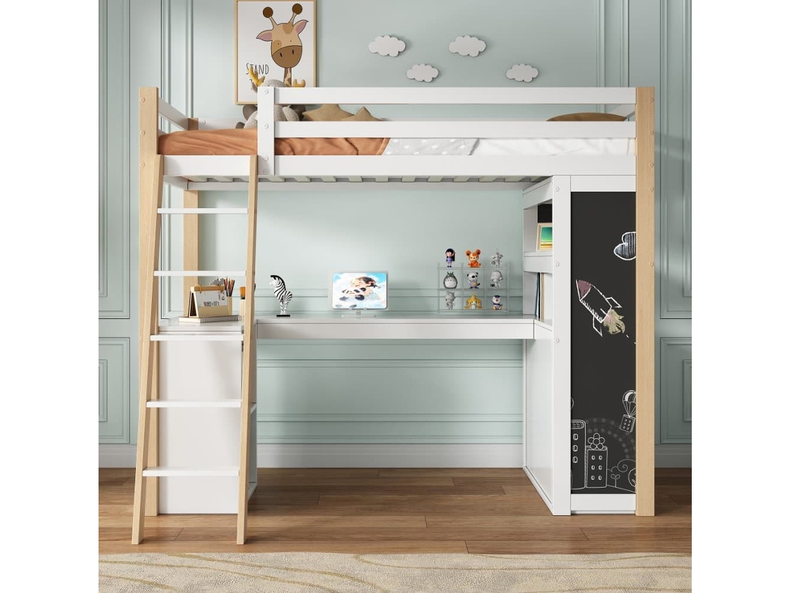 Cama Alta Infantil 90*200 - Multifuncional Con Escalera, Escritorio, Estante, Cajón Grande, Pizarra Y Estantería - Blanco+natural
