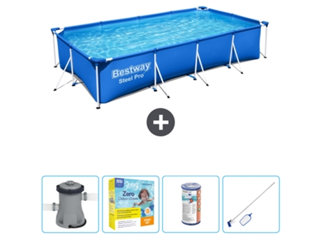Piscina BESTWAY Rectangular Steel Pro - 400 x 211 x 81 cm - Azul - Bomba incluida Paquete de mantenimiento - Filtrar - kit de limpieza