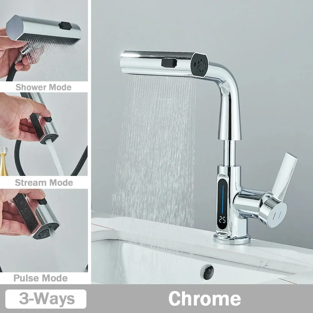 Grifo De Lavabo De Baño (aleación De Cromo) Con Pantalla Digital De Temperatura Y Mezclador De Agua Fría Y Caliente.