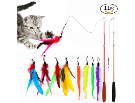 Juguetes para gatos para gatos de interior, juguete interactivo para gatos, 2 piezas de varita retráctil para gatos y 9 piezas de recargas de jugue...