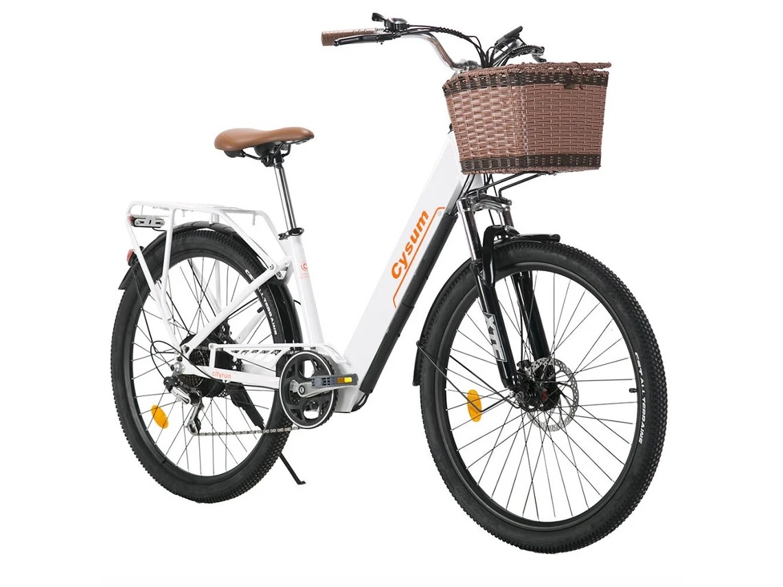 Bicicleta eléctrica Cysum Cityrun con cesta delantera, motor de 250 W y batería de 36 V 10 Ah.