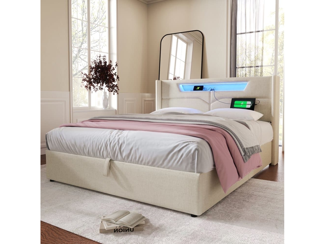 Cama Tapizada 160x200 - Cama Doble Con Función De Carga Usb Tipo C Y Luz Led - Beige