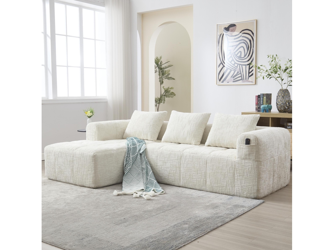 Sofá Modular De 3 Plazas Con Chaise Longue, Tela De Felpa, Sin Montaje, 3 Cojines, Bolsillo Para Mando, Color Beige