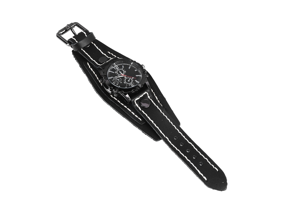 Reloj Pulsera Punk Vintage De Cuero Pu Acero Inoxidable Para Hombres Estudiantes Negro