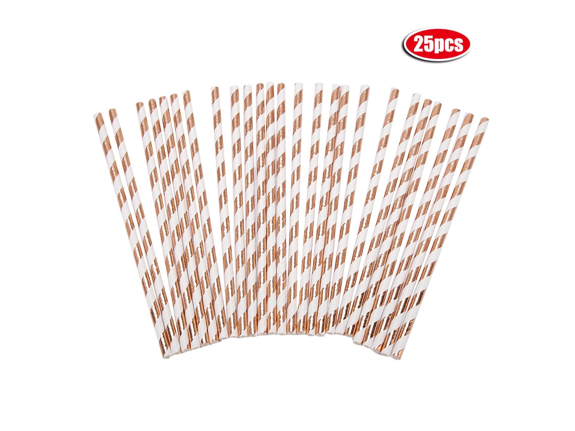 Vasos de papel a rayas oro rosa con palitos para decoración de fiestas de cumpleaños
