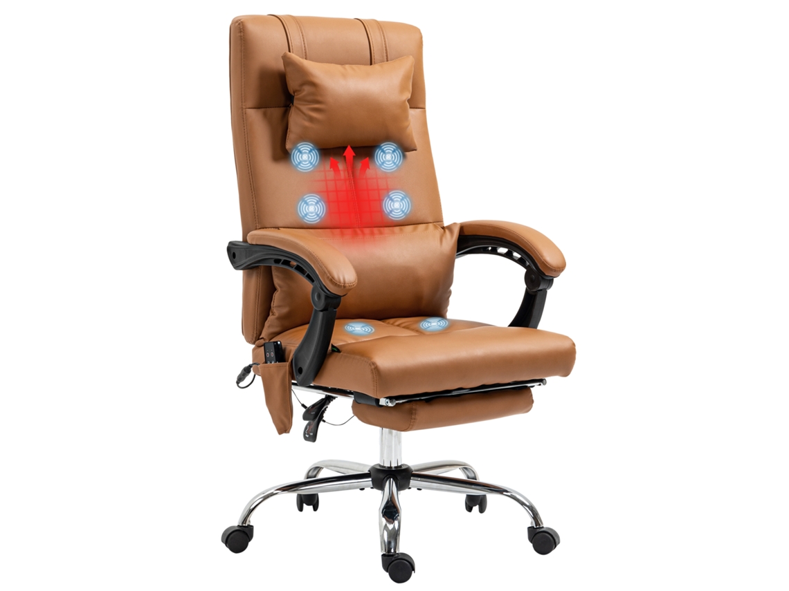 Sillón De Oficina Con Función De Masaje Y Calefacción, Reposapiés, Reposacabezas Y Ruedas Tapicería Sintética Marrón.