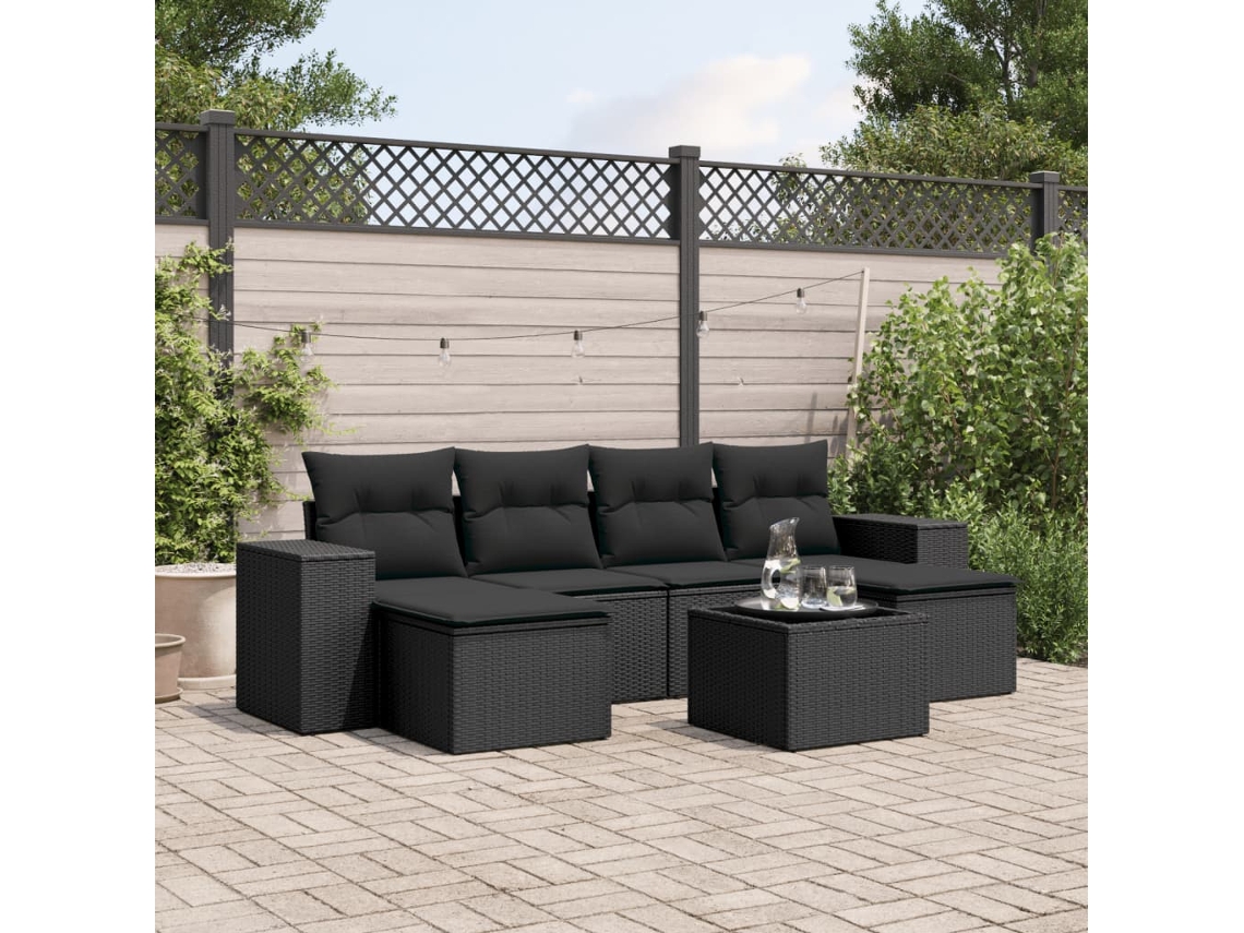Conjunto de sofá de jardín de 7 piezas con cojines, ratán negro, Dkd Home Decor