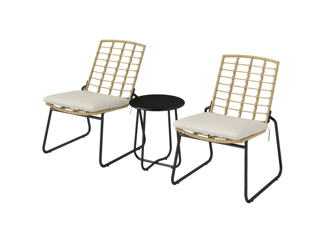 Conjunto De Ratán, 3 Piezas, 2 Sillas Apilables, Mesa, Cojines Beige.