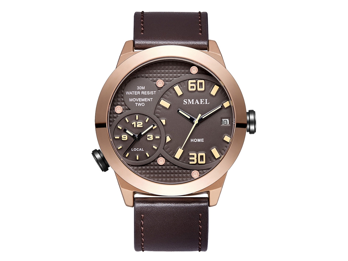 Reloj Hombre De Cuero Impermeable Con Cuarzo, Doble Movimiento Y Calendario Oro