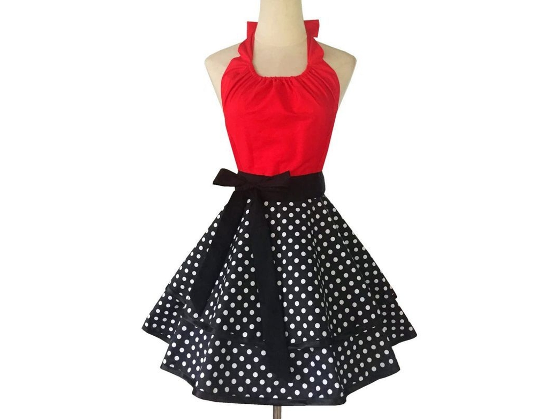 2026-33015-delantal Vintage Sexy Para Mujer Con Bolsillo Rojo Cute Y Retro De Algodón