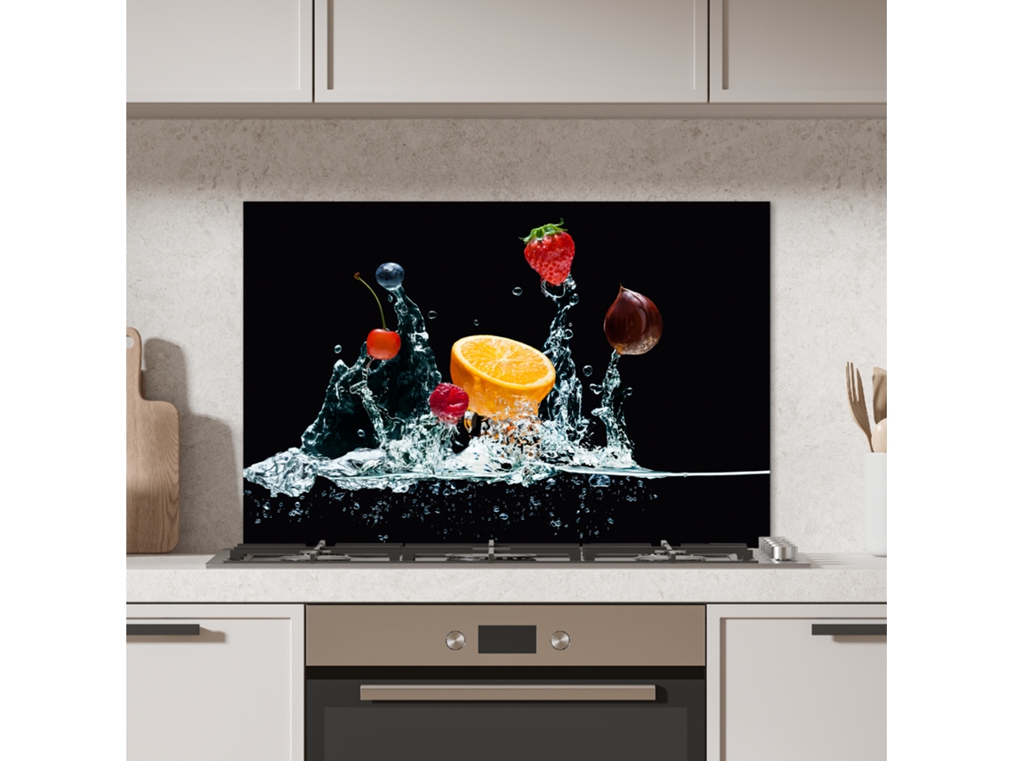 Panel antisalpicaduras para cocina - Agua - Frutas - Naranja - Fresa - Cereza - Negro 90x60 cm