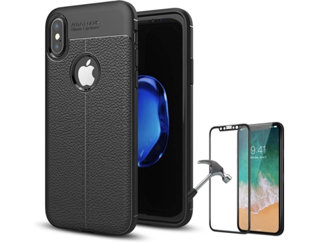 Funda y Protector de Pantalla iPhone X PHONESHIELD Rugged Leather / Flexguard Full Negro