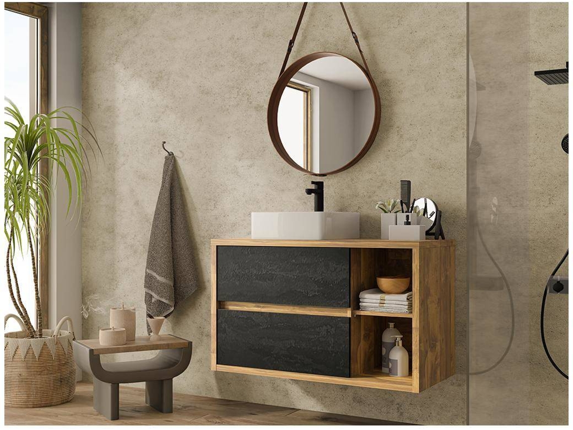 Mueble Baño Suspendido con Lavabo Color Natural y Antracita SHOWER