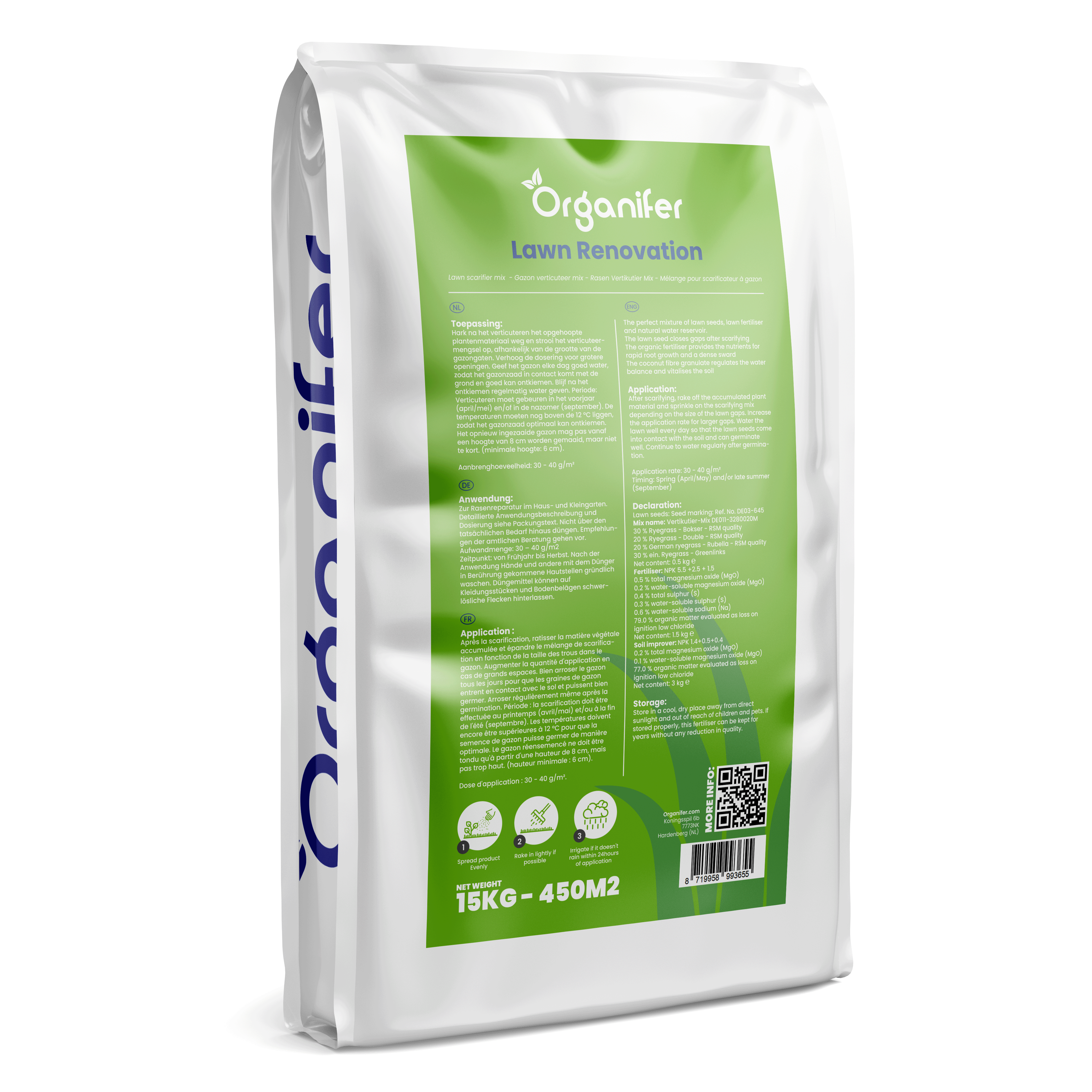 Mezcla de Escarificación - Semillas de Césped - Fertilizante - Acondicionador de Suelo (15 kg - para 450 m2) - Organifer