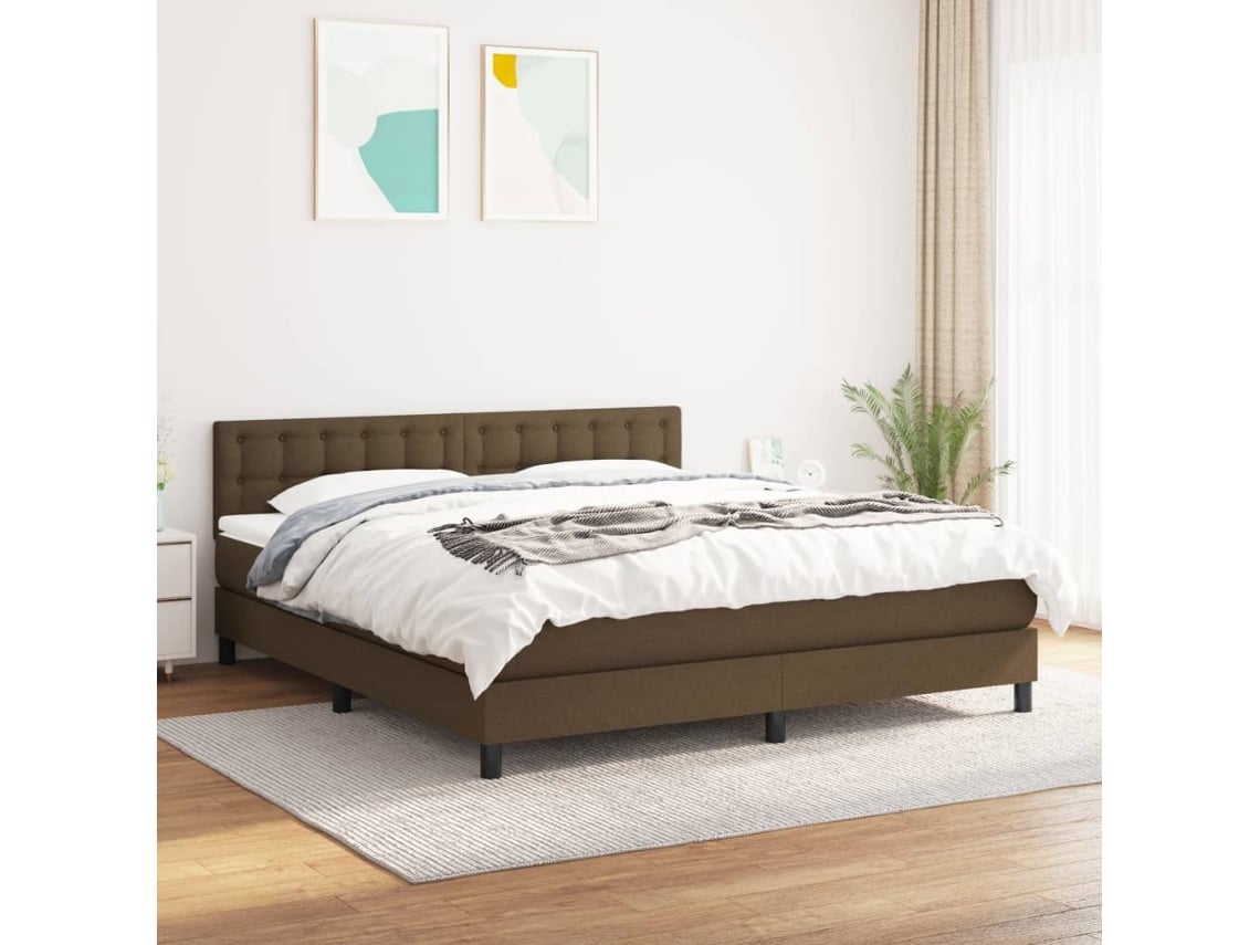 Cama Box Spring Con Colchón Tela Marrón Oscuro 160x200 Cm