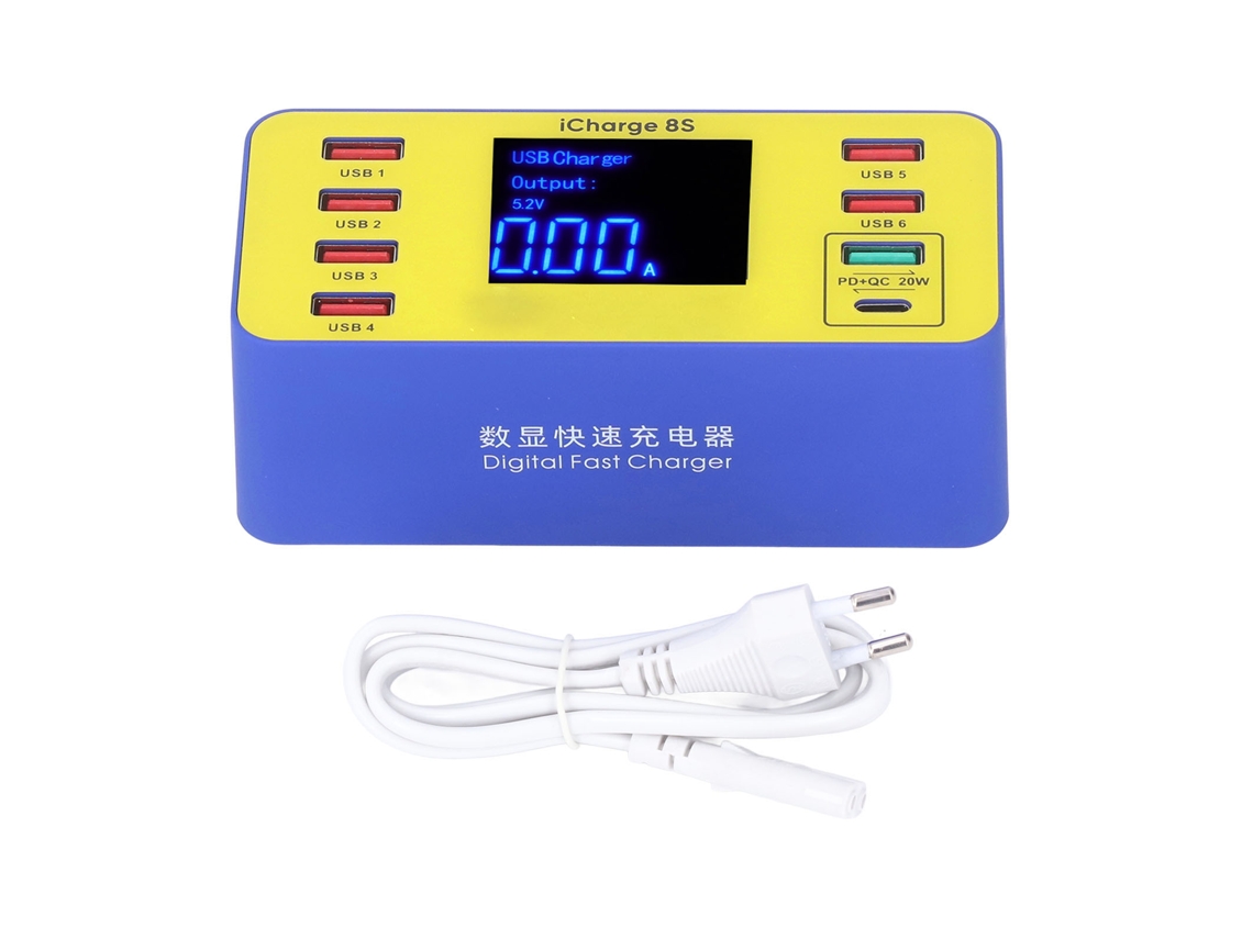 Cargador Digital Multifuncional 8 Puertos Usb Qc3.0 Pd Carga Rápida Ac 100‑240v Con Pantalla Lcd