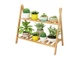 Soporte multicapa de bambú para macetas, ideal para jardines interiores y exteriores.