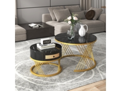Mesa de Centro Redonda 70x70x45.550x50x38.5 cm Tapa Efecto Mármol, Cajones Ratán, Patas Doradas Estilo Blanco