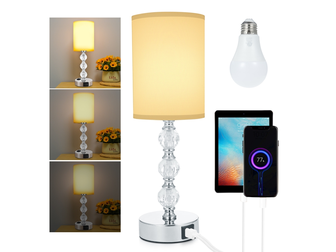 2026-lámpara De Mesa De Noche De Cristal Con Lámpada Led Luz Cálida, Control Táctil 3 Niveles, Puertos Usb A Y C