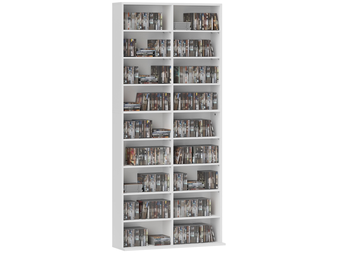 Estantería para CD con 14 baldas ajustables, capacidad para 640 CD/360 DVD, 78,5 x 24 x 175 cm, color blanco.