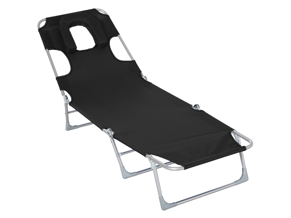 Sillón De Lectura Con Orificio, Respaldo Ajustable En 5 Posiciones, Estilo Playero, 182x56x28cm, Negro.