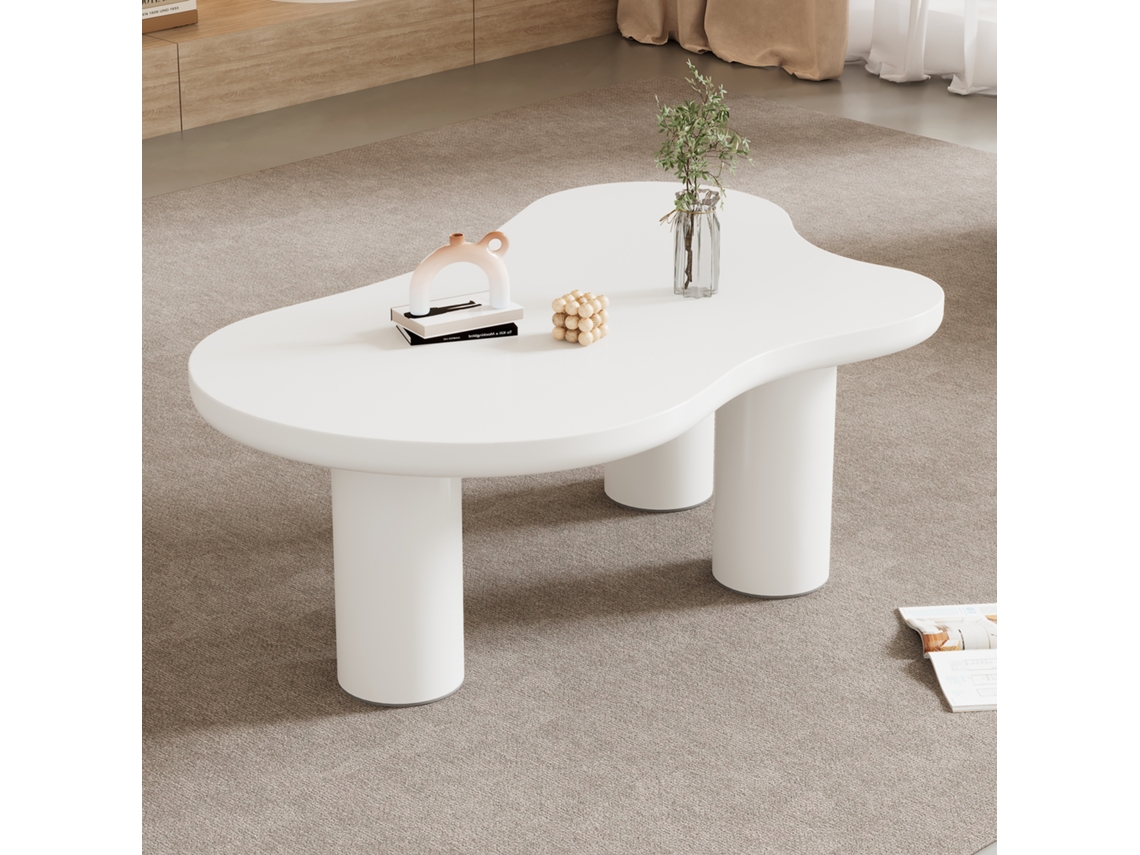 Mesa De Centro 107x66x40,5 Cm - Diseño Irregular En Forma De Nube, Mdf Y Patas Pvc - Blanco
