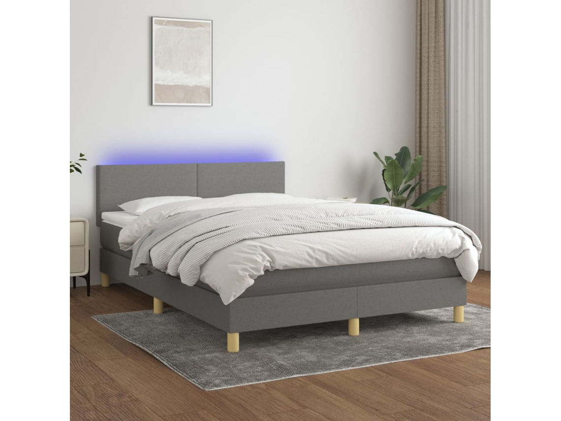 Cama Box Spring Colchón Y Luces Led Tela Gris Oscuro 140x190 Cm