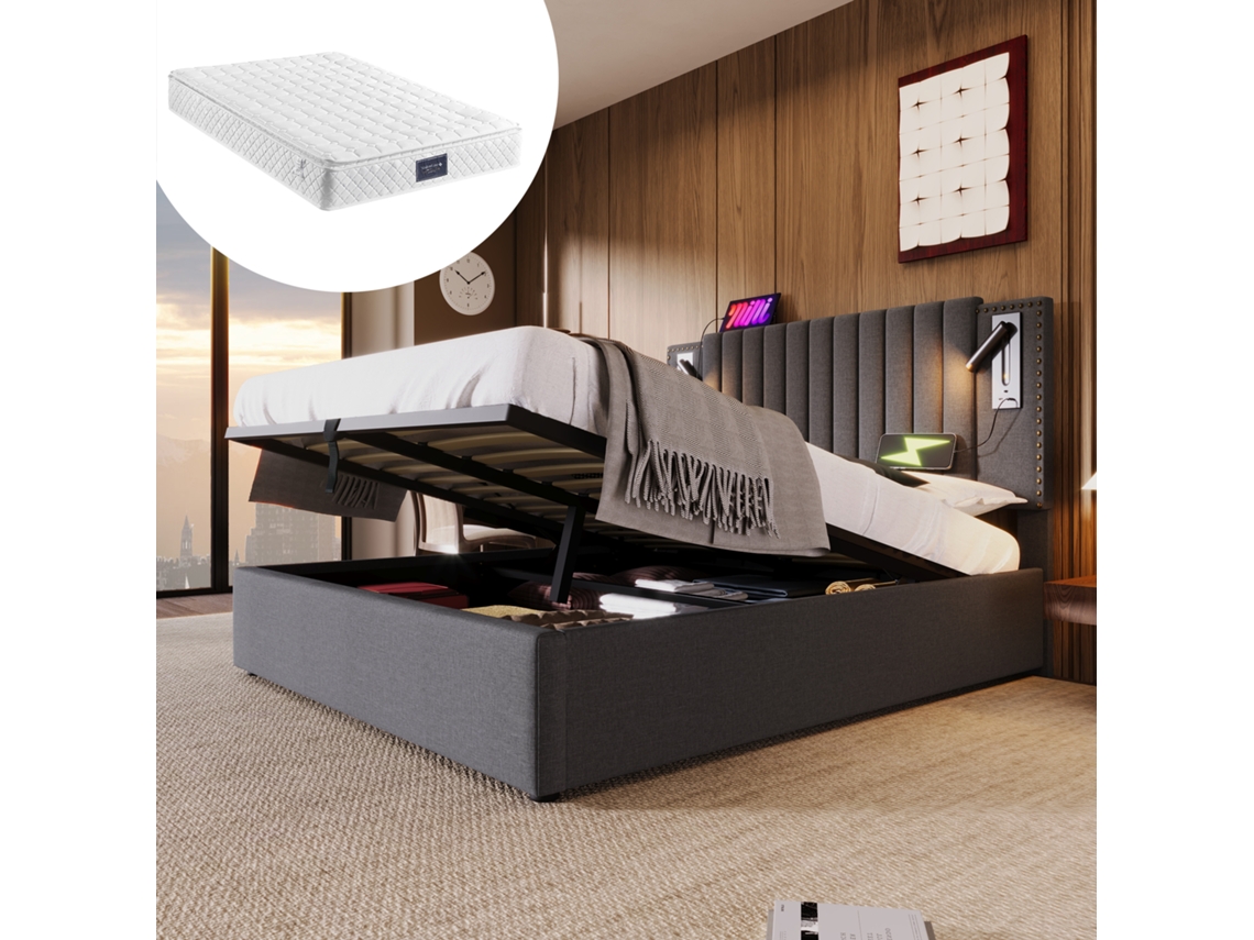 Cama Tapizada Gris De 140x200 Cm, Colchón Incluido, Caja De Almacenamiento Hidráulica Con Puerto Usb.