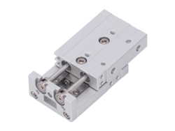 Cilindro pneumático de dupla ação e haste dupla, fabricado em alumínio e aço inoxidável, com curso de 20 mm e rosca M5x0,8.