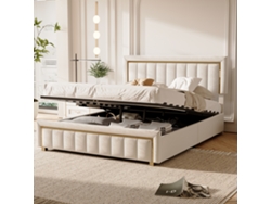 Cama Tapizada 140x200cm, Almacenaje Hidráulico Cama, Cama Doble Con Cabecero, Estructura De Cama Con Somier, Terciopelo, Beige, Sin Colchón
